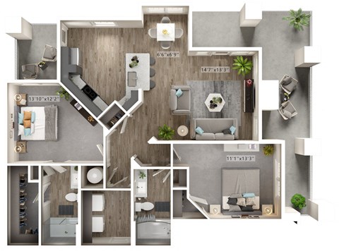 Floor plan for 2 beds, 2 baths, 1187 sqft